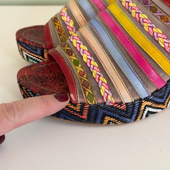 Mules Wedge Sandals 8 Colorful Mesh Leather Open Toe Slip On Retro Festival Boho - Picture 6 of 12